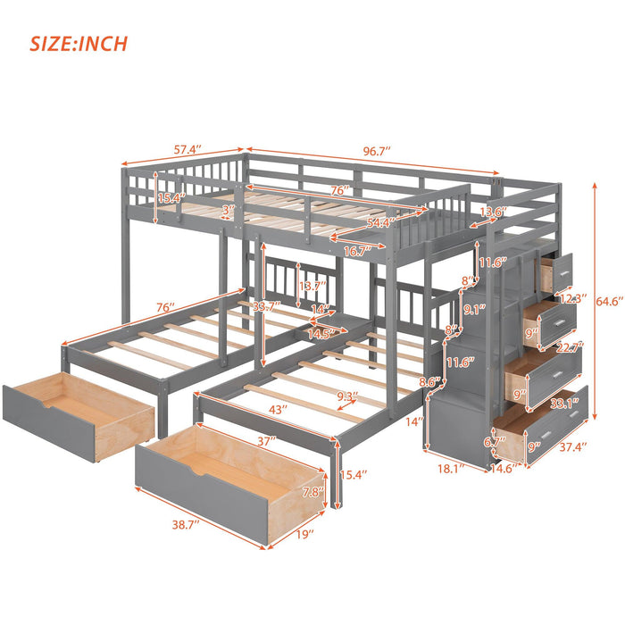 Full over Twin and Twin Bunk Bed with Drawers and Guardrail - Gray