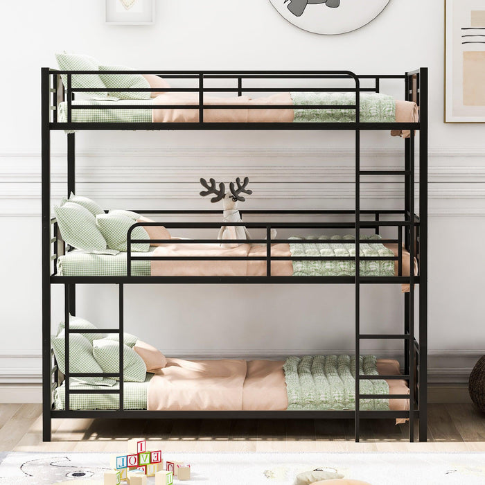 Twin Size Triple Metal Bunk Bed with Wood Decoration Headboard and Footboard - Gray