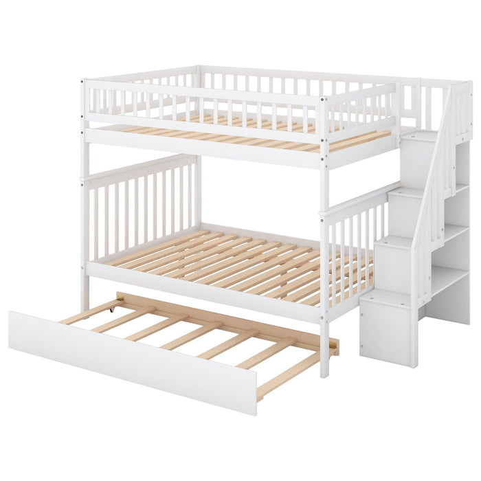 Full over Full Bunk Bed with Twin Size Trundle andStorage Staircase - White