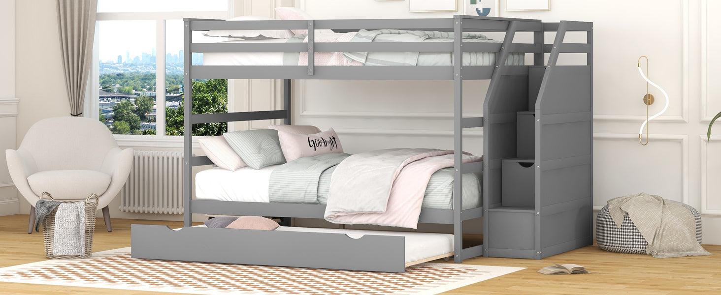 Full over Full Bunk Bed withStorage Staircase and Twin Size Trundle Bed - Gray