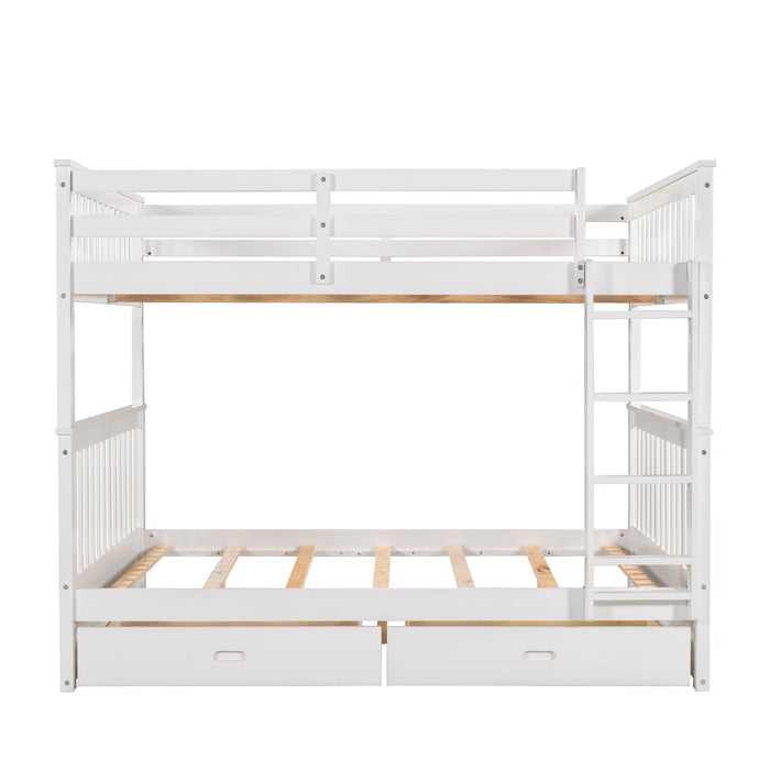 Full over Full Bunk Bed with Ladders and TwoStorage Drawers - White