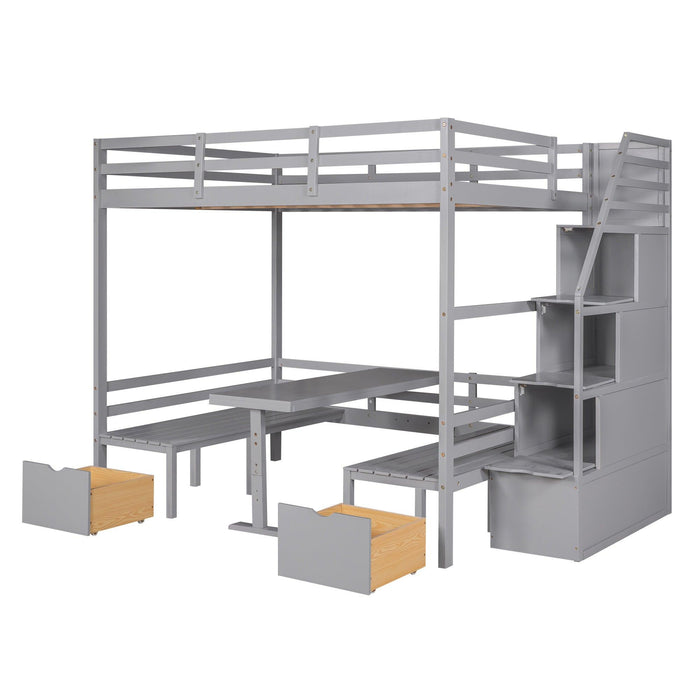 Full over Full Convertible Bunk Bed into Seats and Table Set withStorage Staircase - Gray