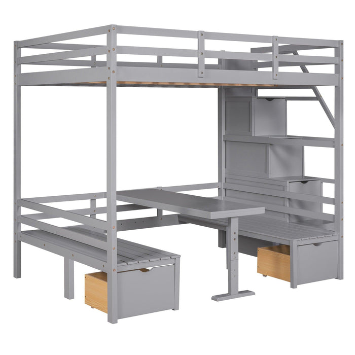 Full over Full Convertible Bunk Bed into Seats and Table Set withStorage Staircase - Gray