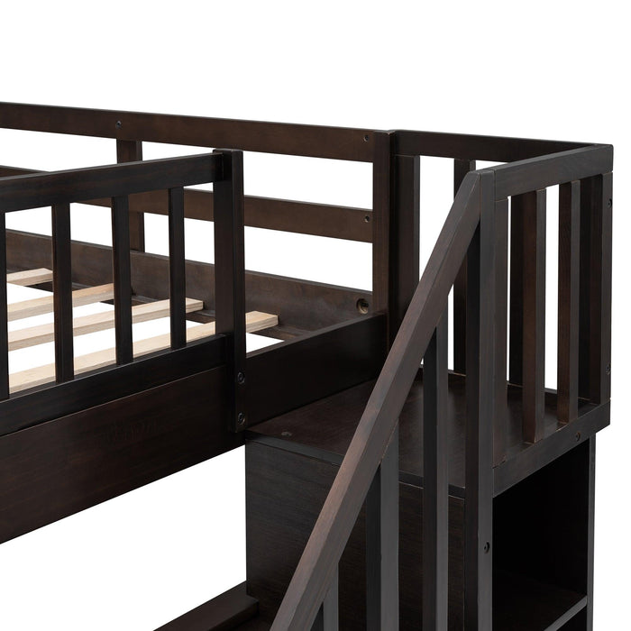 Full over Full Bunk Bed withStorage Staircase and Guard Rail - Espresso