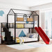 Twin Over Twin House Shaped Metal Bunk Bed withStorage Drawers and Red Slide - Black image