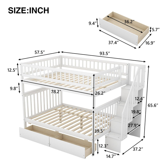 Full over Full Bunk Bed with Two Drawers andStorage Staircase - White