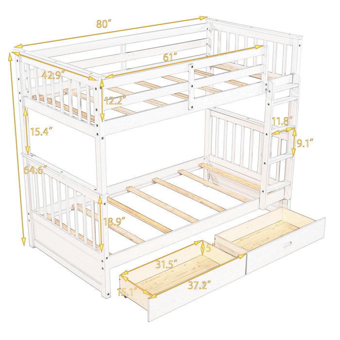 Twin over Twin Bunk Bed with Ladders and TwoStorage Drawers - White