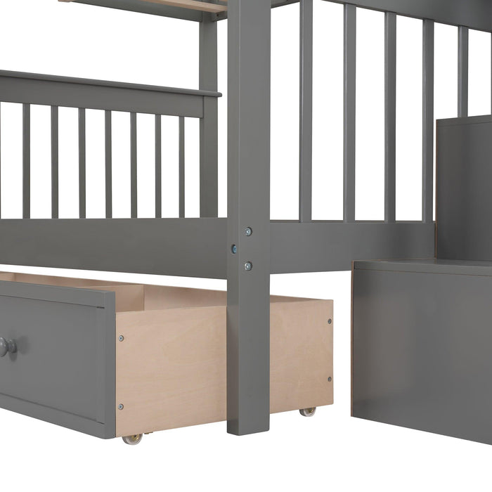 Full over Full Bunk Bed with Drawer,Storage Staircase and Guard Rail - Gray