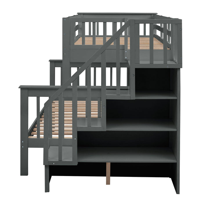 Twin Over Full Bunk Bed withStorage Staircase and Guard Rail - Gray