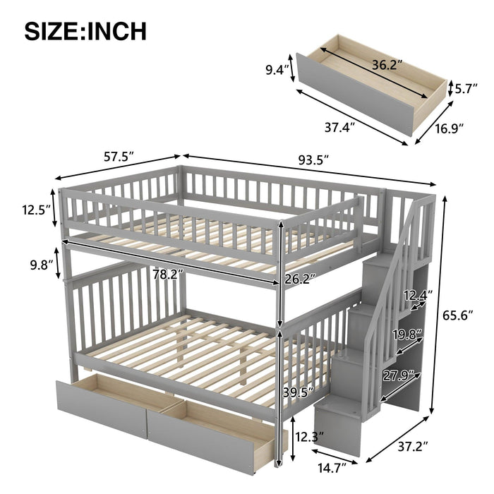 Full over Full Bunk Bed with Two Drawers andStorage Staircase - Gray