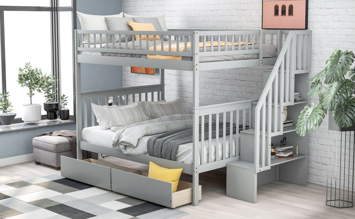 Full over Full Bunk Bed with Two Drawers andStorage Staircase - Gray