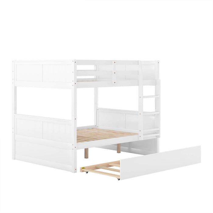 Full Over Full Bunk Bed with Twin Size Trundle, Ladder, Head and Footboard - White