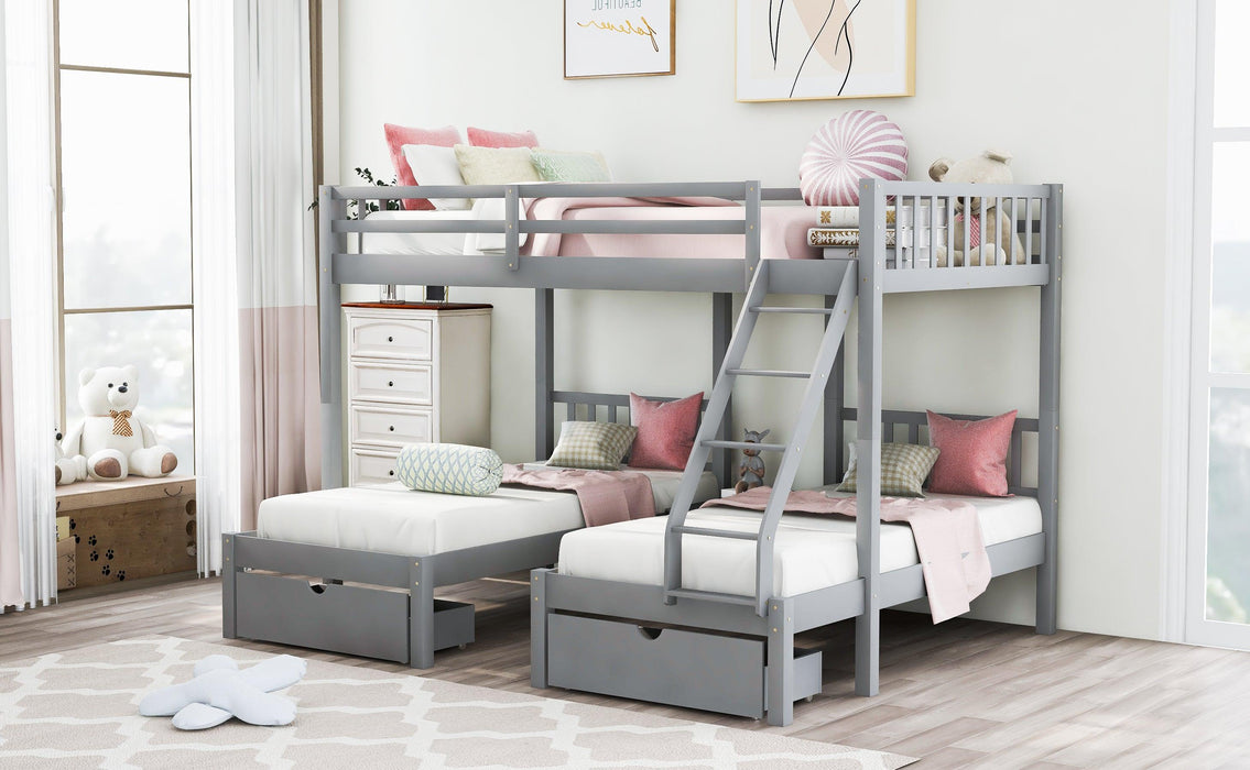 Full Over Twin and  Twin Bunk Bed with Drawers and Guardrails - Gray