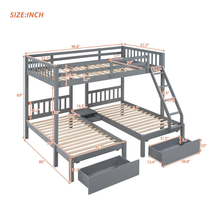 Full Over Twin and  Twin Bunk Bed with Drawers and Guardrails - Gray