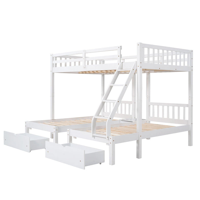 Full Over Twin and  Twin Bunk Bed with Drawers and Guardrails - White