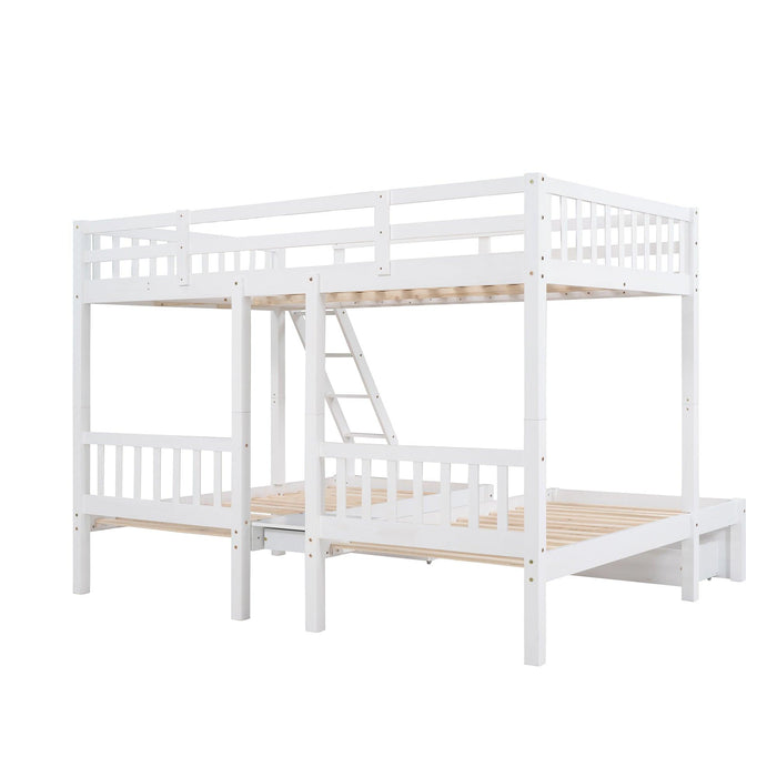 Full Over Twin and  Twin Bunk Bed with Drawers and Guardrails - White