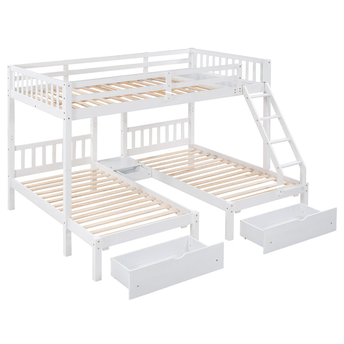 Full Over Twin and  Twin Bunk Bed with Drawers and Guardrails - White