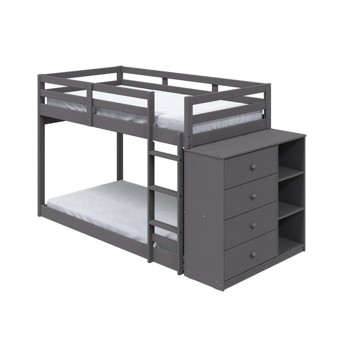 ACME Gaston Twin over Twin Low Bunk Bed with Cabinet - Gray Finish