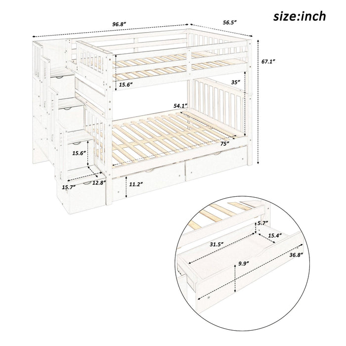 Full over Full Bunk Bed with Shelves and 6Storage Drawers - White