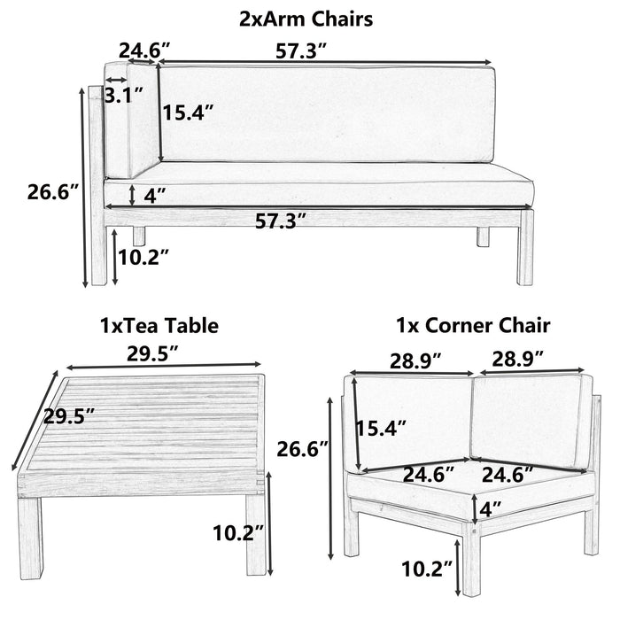 4 PCS Outdoor Patio Backyard Wood Seating Group with X-Back Sectional, Tea Table, and Gray Cushions