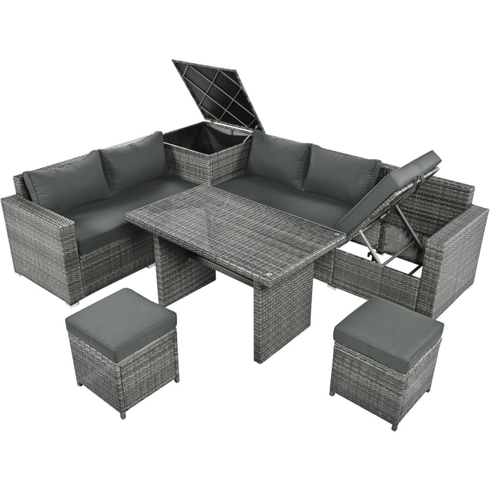 6 PCS Outdoor All Weather PE Rattan Sofa Set  with Adjustable Seat,Storage Box, Tempered Glass Top Table, and Gray Cushions