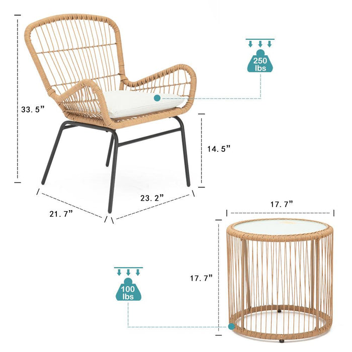 3 PCS Outdoor Balcony Patio Wicker Chairs with Glass Top Table and Soft White Cushions