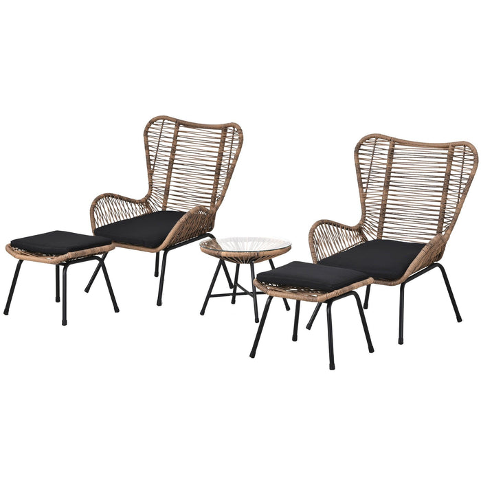5 PCS Outdoor Patio PE Wicker Arm Chairs with Stools and Tempered Glass Tea Table - Natural Rattan and Dark Gray