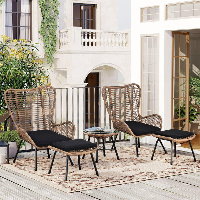 5 PCS Outdoor Patio PE Wicker Arm Chairs with Stools and Tempered Glass Tea Table - Natural Rattan and Dark Gray