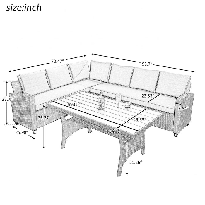 5 PCS Outdoor Rattan Furniture Set, Dining Table with Sofas, Ottoman, Gray Cushions and Throw Pillows