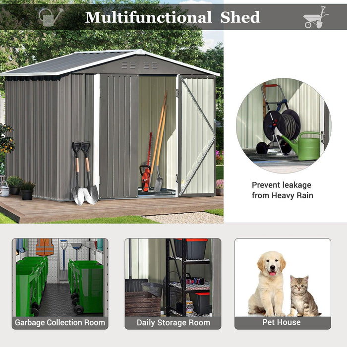 8ft x 6ft Outdoor Garden Metal Lean-to Shed with Lockable Doors - Gray