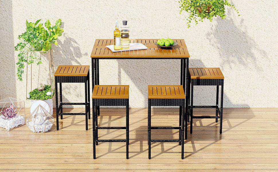 5 PCS Outdoor Patio Wicker Bar Set, Garden PE Rattan Wicker Dining Table, Square Stool Set, Foldable Tabletop, Acacia Wood Tabletop, High-Dining Bistro Set with 4 Stools And 1 Wood Table, Brown