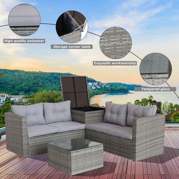 4 PCS Patio Sectional Wicker Rattan Outdoor Furniture Sofa Set withStorage Box Grey