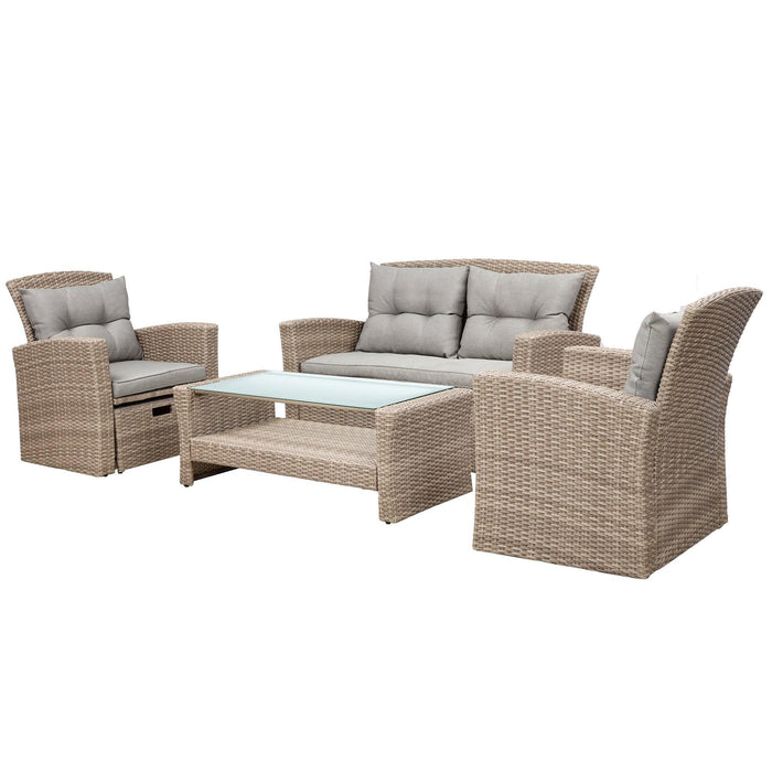 4 PCS Outdoor All Weather Wicker Rattan Patio Furniture Set with Ottoman and Gray Cushions