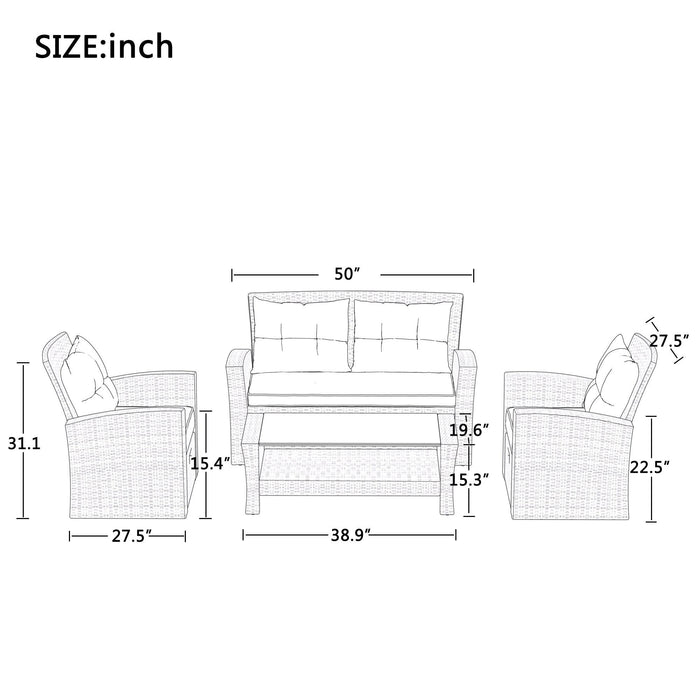 4 PCS Outdoor All Weather Wicker Rattan Patio Furniture Set with Ottoman and Beige Cushions