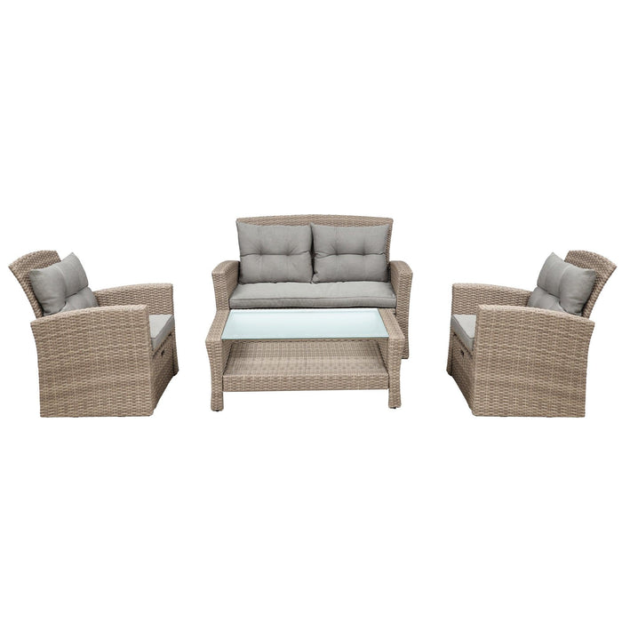 4 PCS Outdoor All Weather Wicker Rattan Patio Furniture Set with Ottoman and Gray Cushions