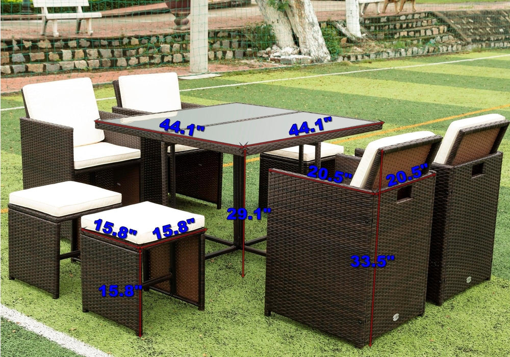 9 PCS Outdoor Patio Wicker Rattan Space Saving Dining Set with Ottoman and Cushions