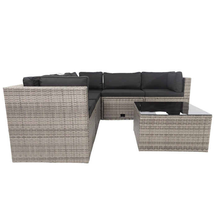 6 PCS PE Rattan sectional Outdoor Furniture Cushioned  Sofa Set with 3Storage Under Seat Grey