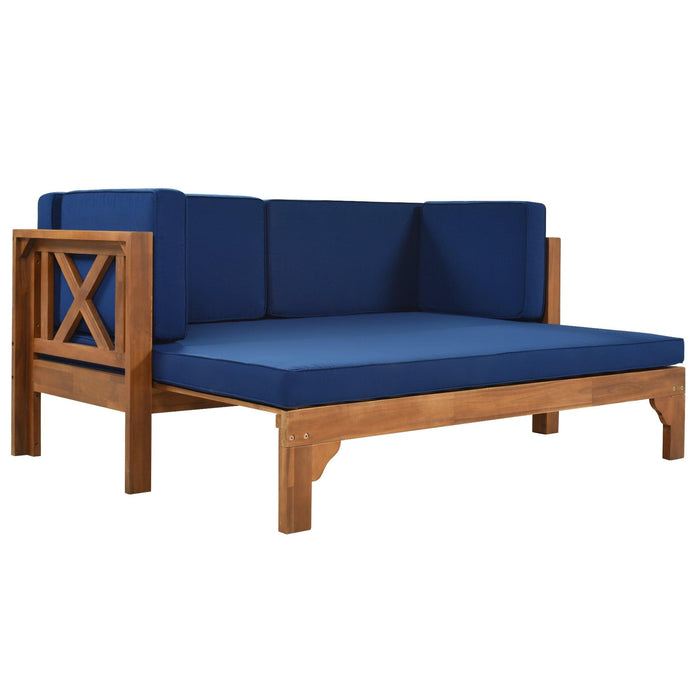 Outdoor Patio Extendable Wooden Sofa Set with Thick Blue Cushions