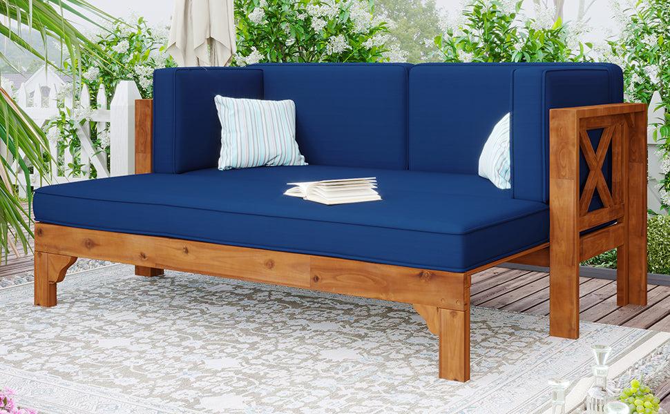 Outdoor Patio Extendable Wooden Sofa Set with Thick Blue Cushions