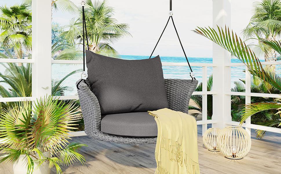 Single Person Rattan Woven Swing Hanging Seat With Ropes, Gray Wicker and Gray Cushion