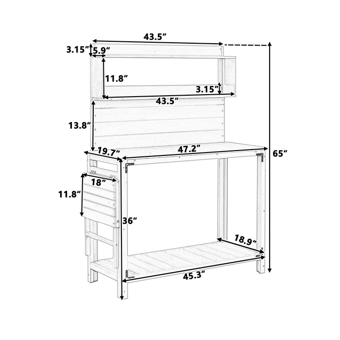 65inch Garden Wood Workstation Backyard Potting Bench Table with Shelves, Side Hook and Foldable Side Table - White