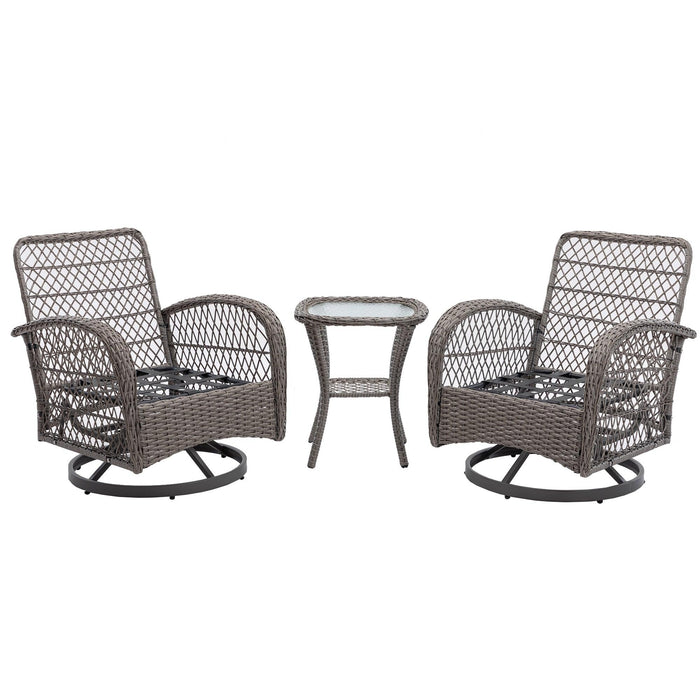 3 PCS Outdoor PatioModern Wicker Set with Table, Swivel Base Chairs and Brown Cushions