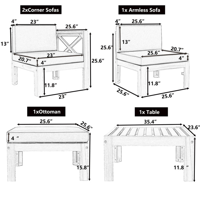 5 PCS Outdoor Backyard Patio Wood Sectional Sofa Seating Group Set with Blue Cushions