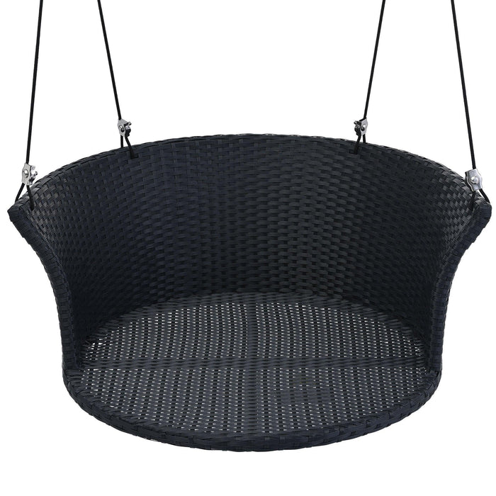 Single Person Rattan Woven Swing Hanging Seat With Ropes, Black Wicker and White Cushion