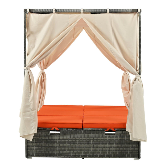 Adjustable Sun Bed With Beige Curtain and Orange Cushion