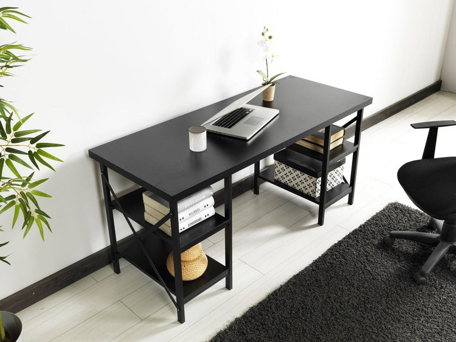 Furnish Home Store Buket Metal Frame 60" Extra Wide Wood Top 4 Shelves Writing and Computer Desk for Home Office, Black