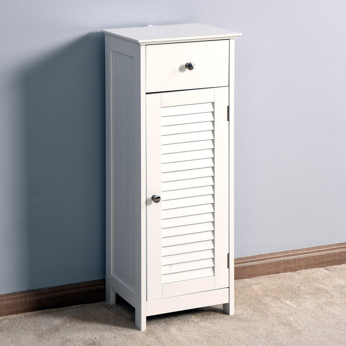 Bathroom Floor CabinetStorage Organizer Set with Drawer and Single Shutter Door Wooden White