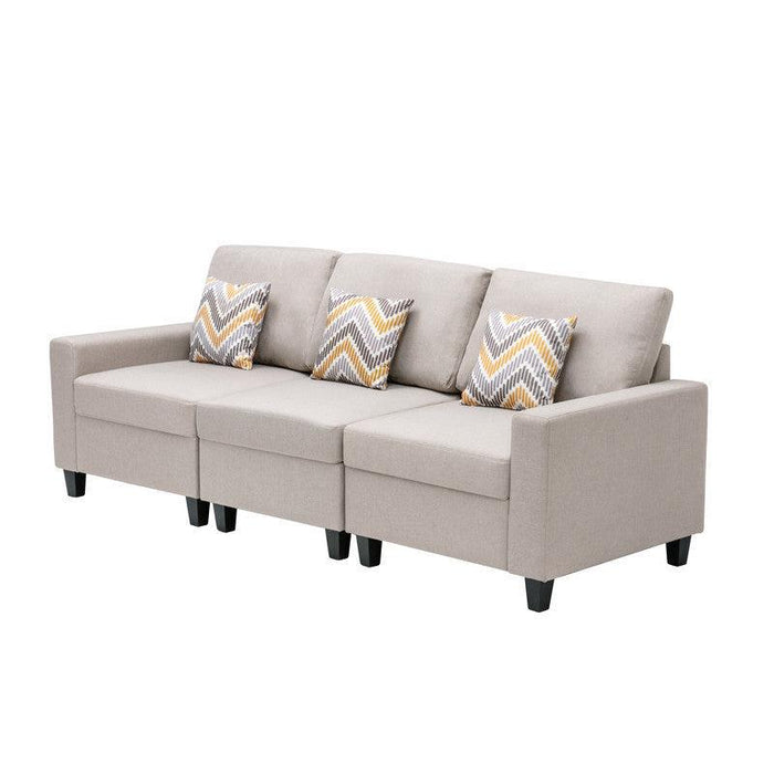 Nolan Beige Linen Fabric Sofa with Pillows and Interchangeable Legs
