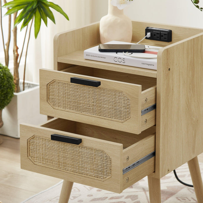 Rattan nightstand with socket side table natural handmade rattan（Natural 15.55’’W*13.78’’D*23.82’’H）