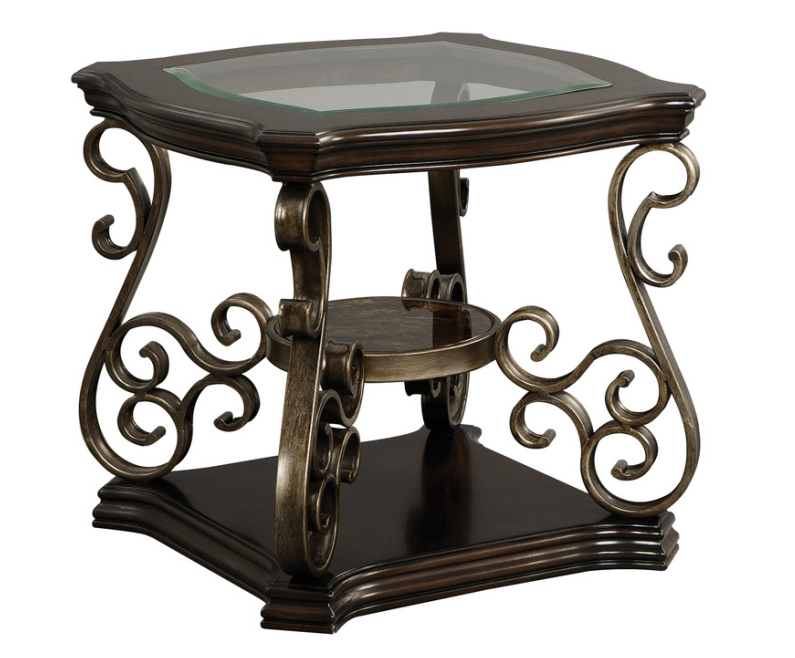 End table,  Glass table top, MDF W/marble paper middle shelf, powder coat finish metal legs. (26.3"Lx26.3"Wx24"H)